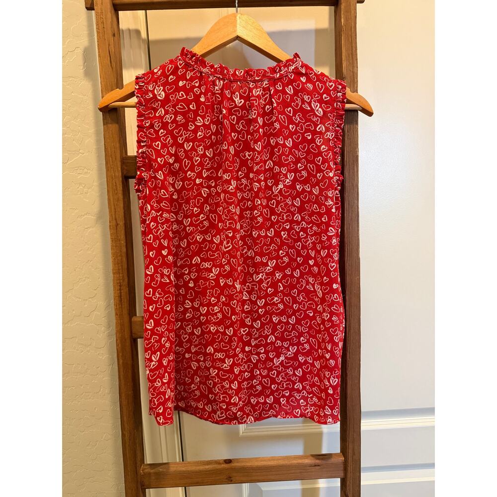 Loft Red Heart Print Ruffle Sleeve Blouse XS Lightweight Flowy Top - Picture 1 of 5
